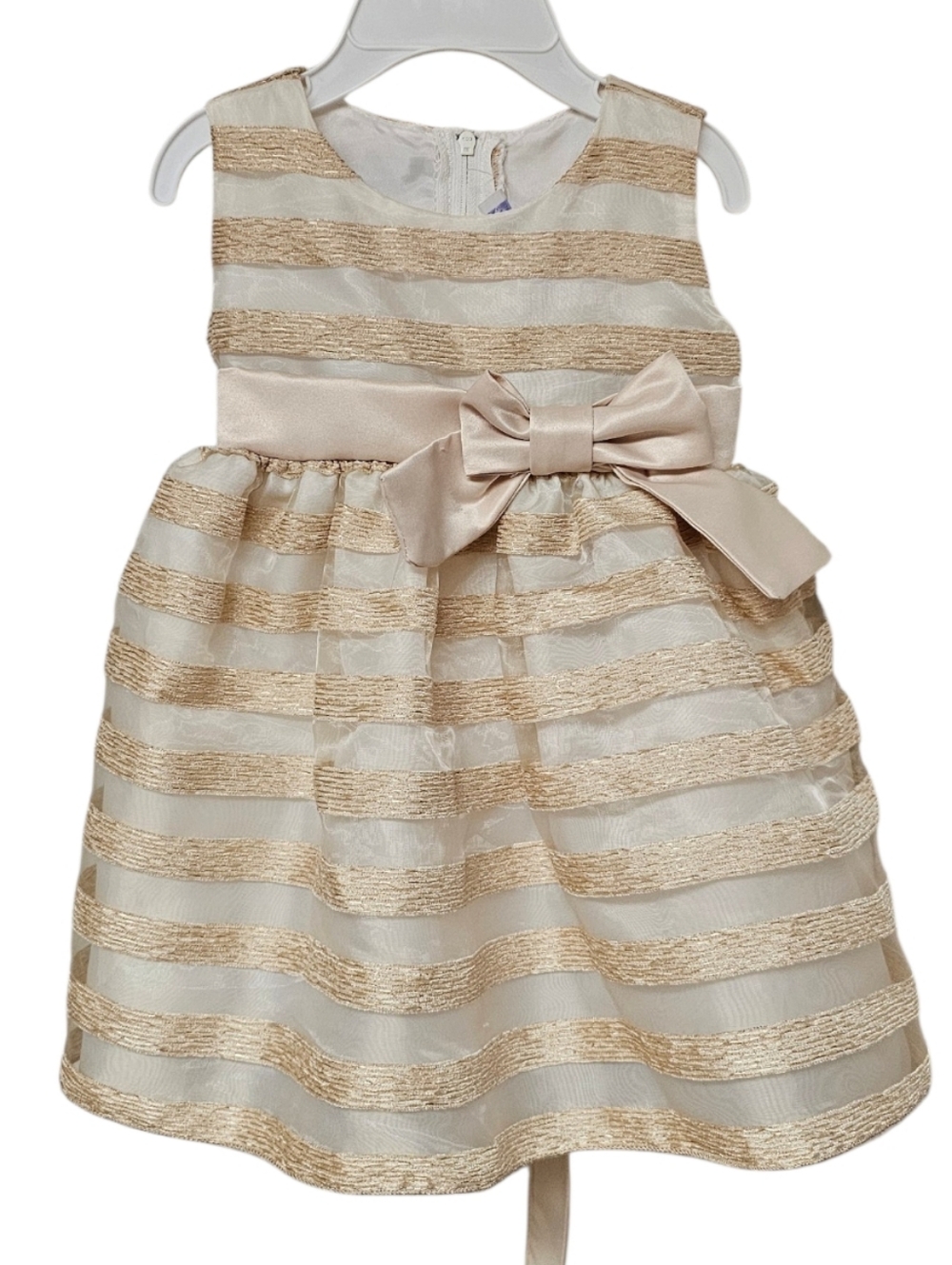 Girls Ivory and Gold Striped Party Dress with Bow